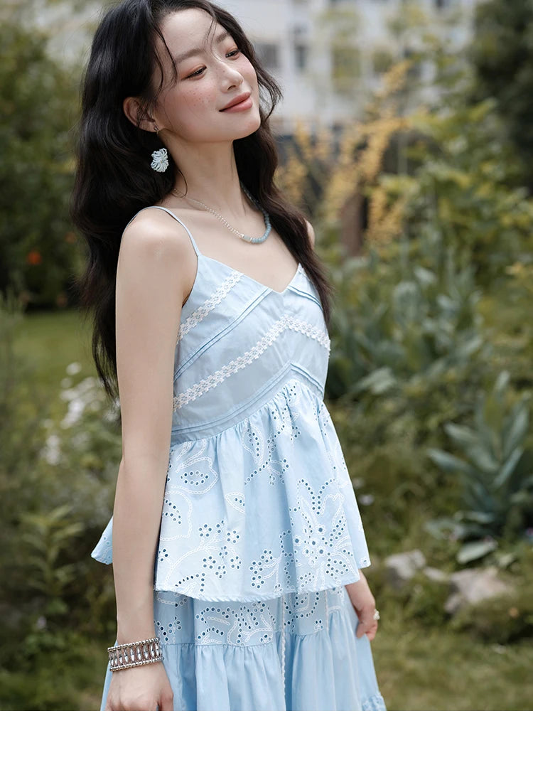 Mishow Strap V-Neck Embroidery Top & Drawstring Skirt Set MXE34T0624