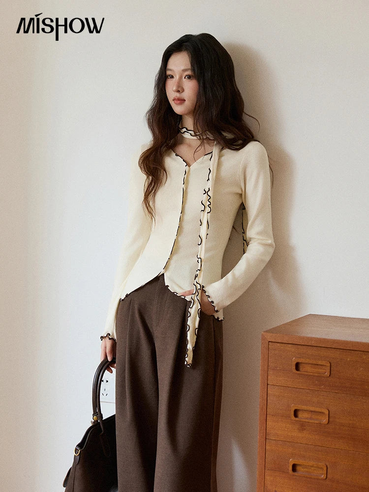 Mishow Ruffled Edge V-Neck Ribbon Knit Pullover MXE86Z2728