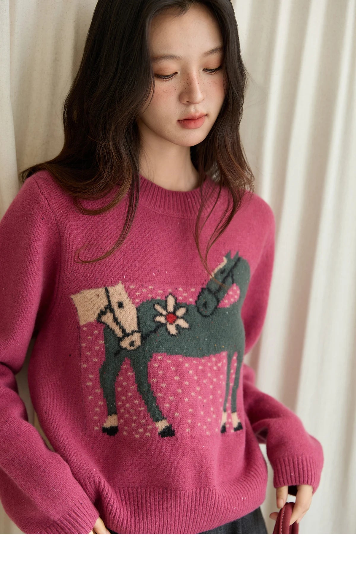 Mishow Red Pony Jacquard Round Neck Pullover MXE48Z2622