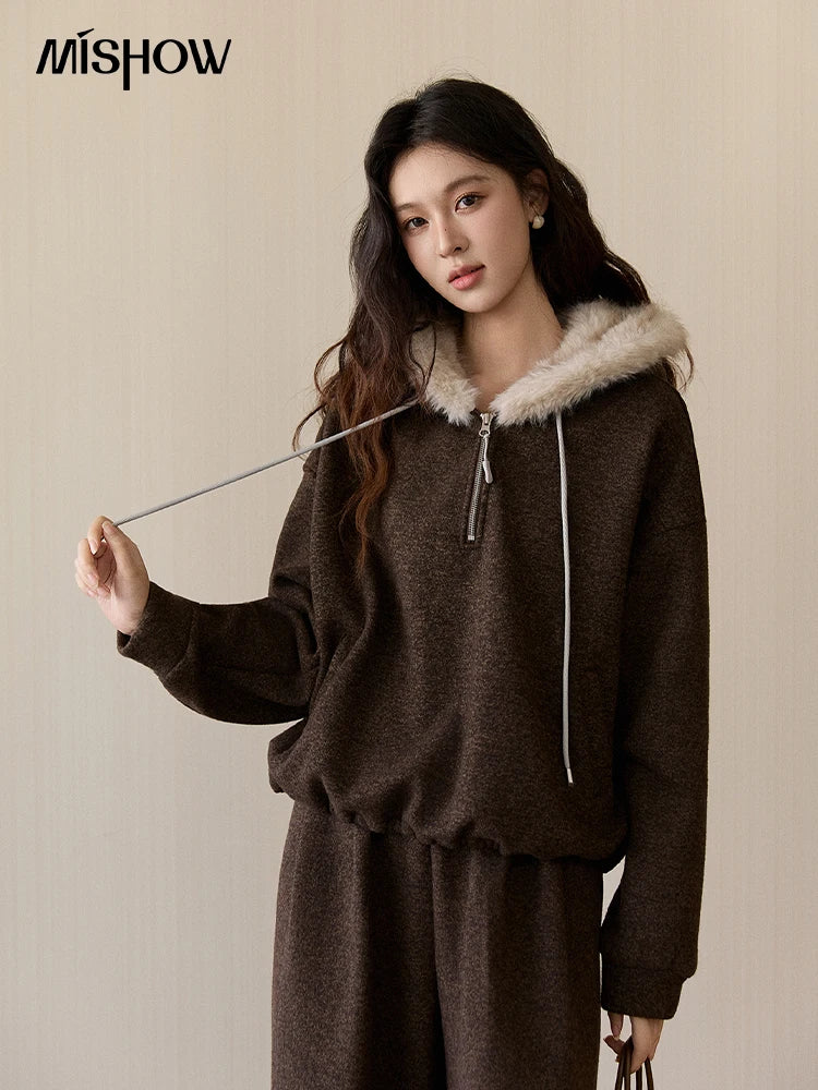 Mishow Brown Faux Fur Hood Sweatshirt & Wide Leg Pants Set MXE94T1476