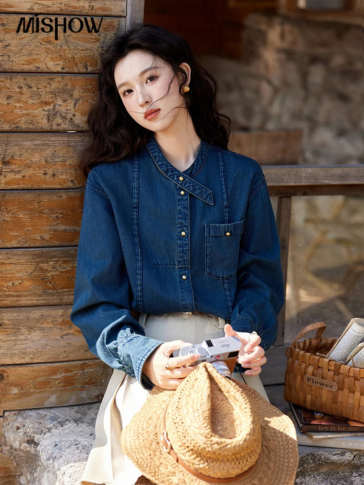 MISHOW 100% Cotton Denim Shirt O-Neck Loose Fit MXE12C0384