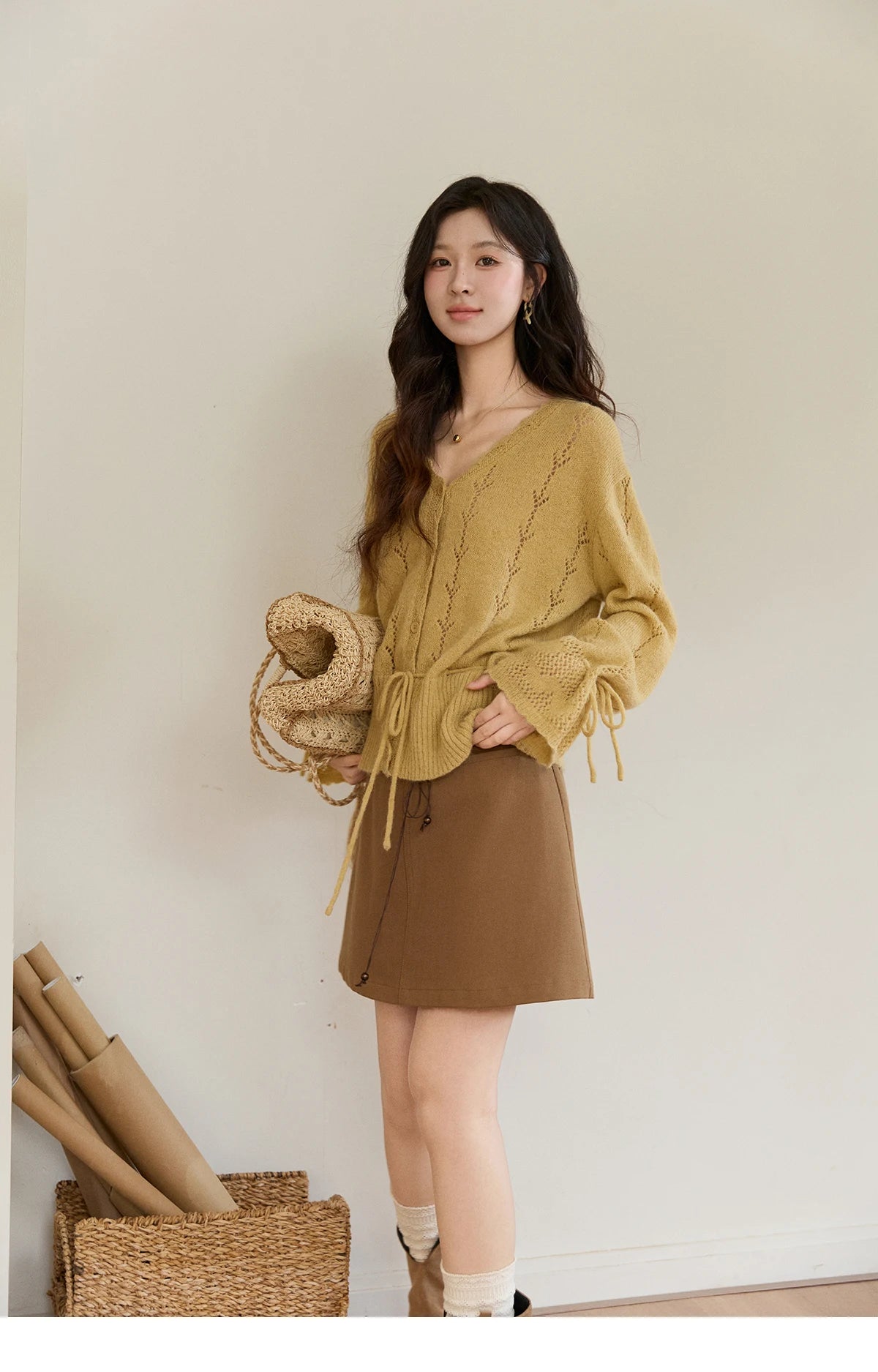 Mishow Yellow Hollow V-Neck Drawstring Cardigan MXF108Z1022