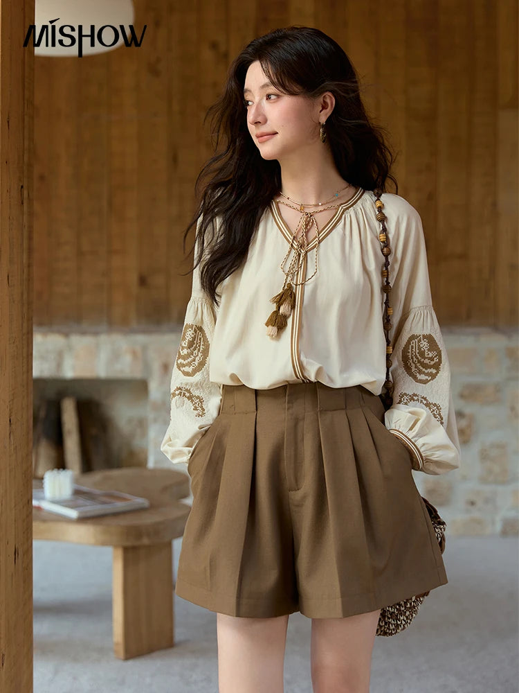 MISHOW Apricot Embroidered Blouse Tassels Lantern Sleeves MXE41X1940