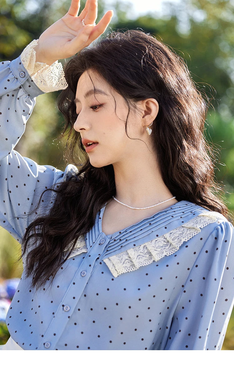 MISHOW Lace Patchwork Polka Dot Shirt V-Neck Hollow Out MXE12X1707