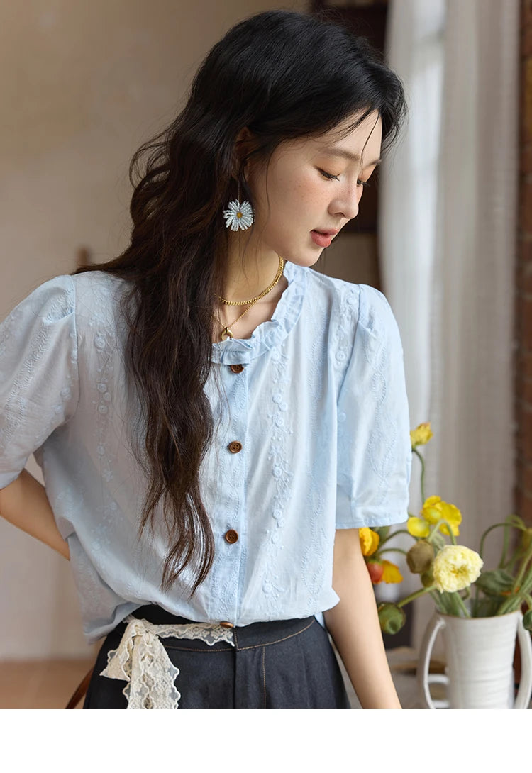 MISHOW 100% Cotton Puff Sleeve Shirt Round Neck Button MXE36X1873