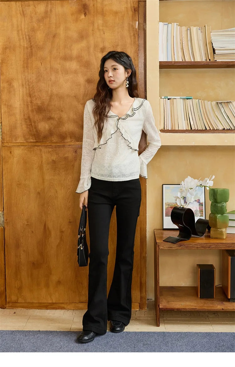 MISHOW Lace Blouse V-Neck Ruffle Edge Contrast Embroidery Flare Sleeve MXE45X2483