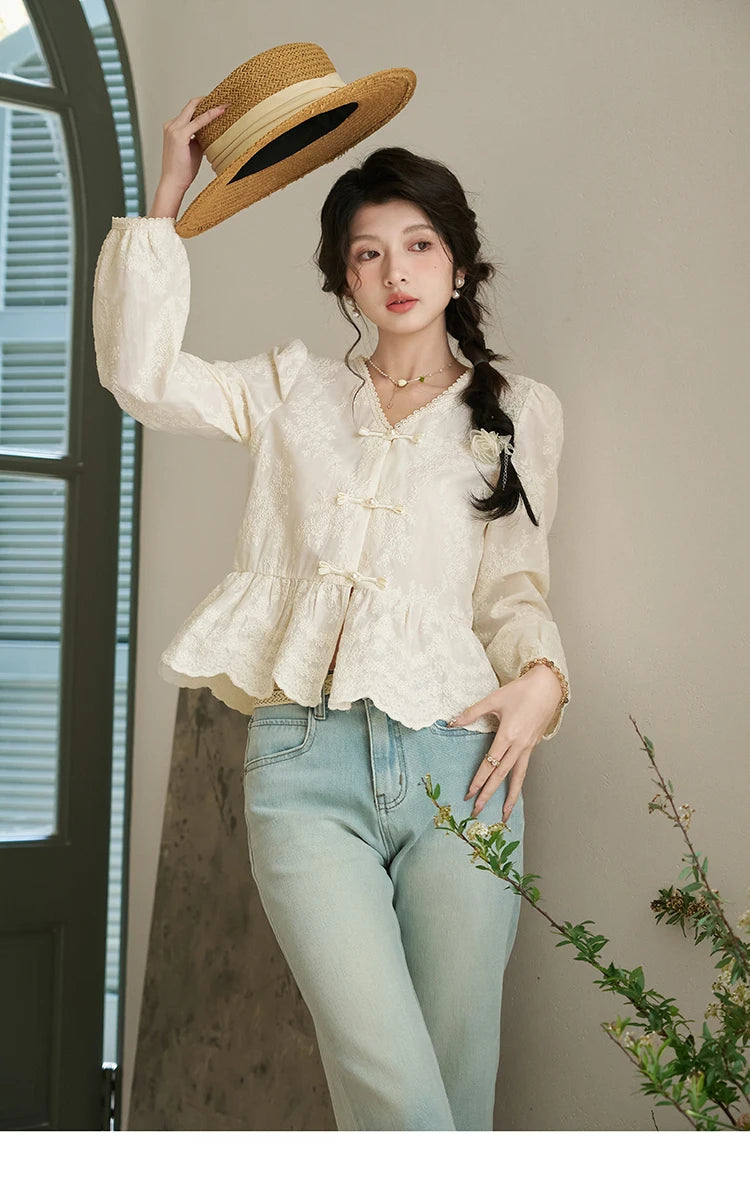 MISHOW Chinese Lace Blouse V-Neck Embroidery MXD14X1433