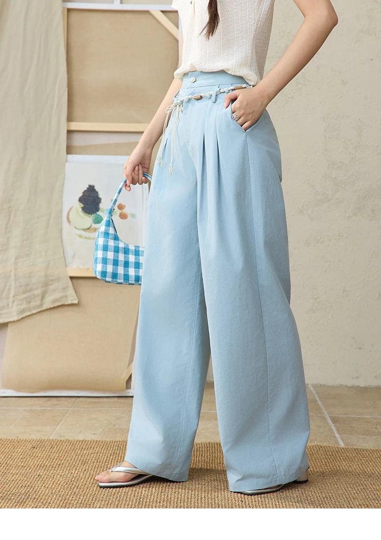 MISHOW Sea Salt Blue Wide Leg Pants Contrasting Bead Belt MXE35K0931
