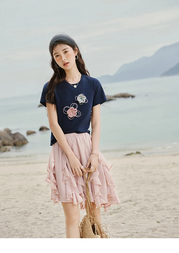 Mishow Flower Beaded Round Neck Tee MXE33T0499