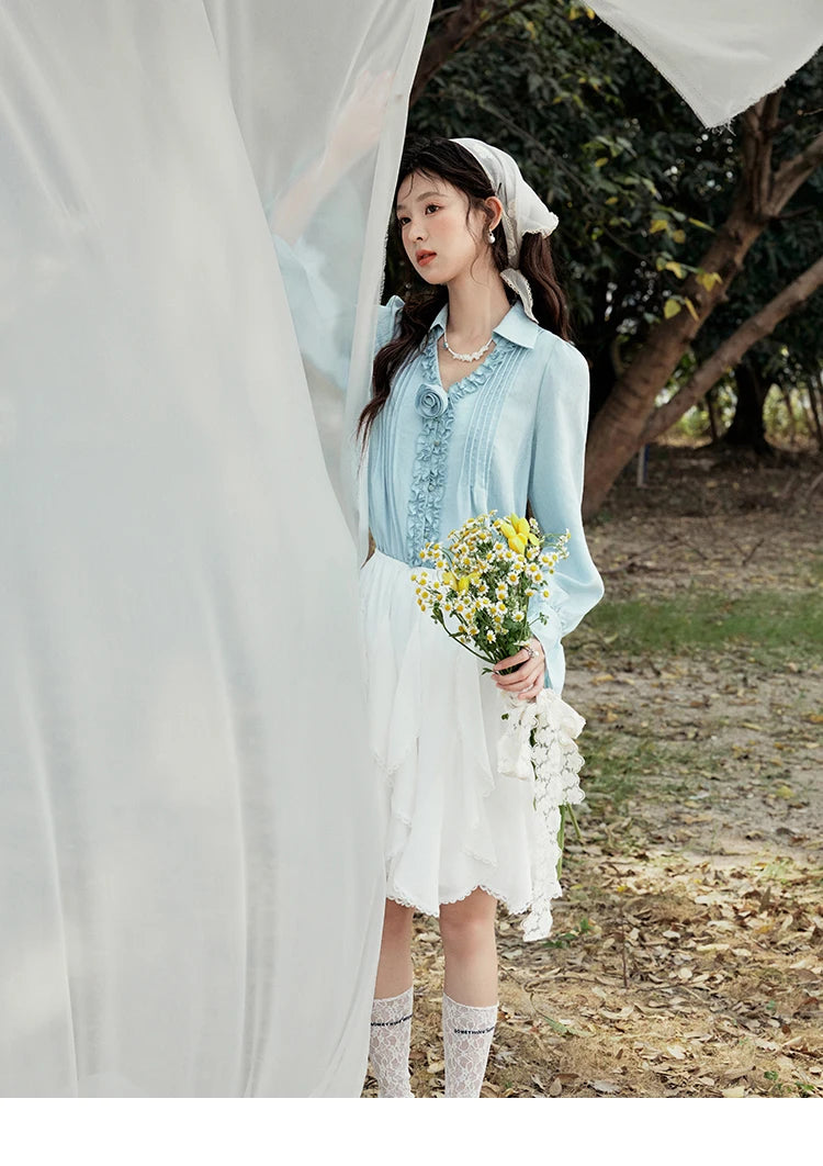 MISHOW V-Neck Long Flare Sleeve Solid Blouse MXE14X1730