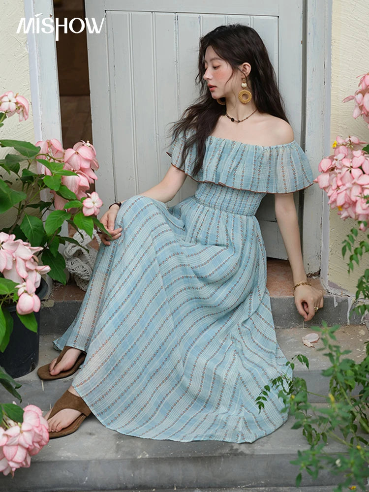 Mishow French Slash Neck Striped Chiffon Dress MXE39L2380