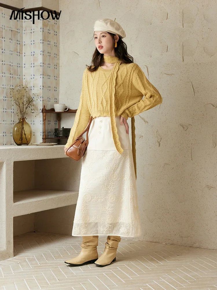 MISHOW Romantic Lace Wave Knit Sweater with Belt MPD42Z0736