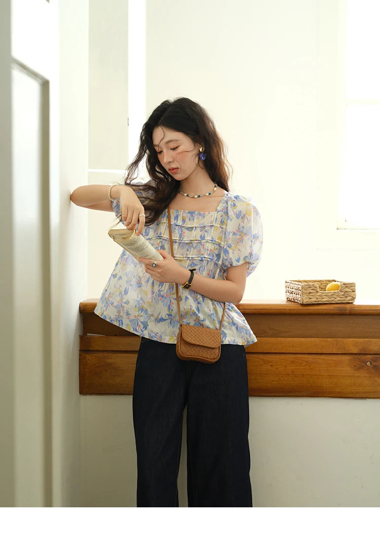 MISHOW Square Neck Puff Sleeve Blouse Print Top MXE39X1937