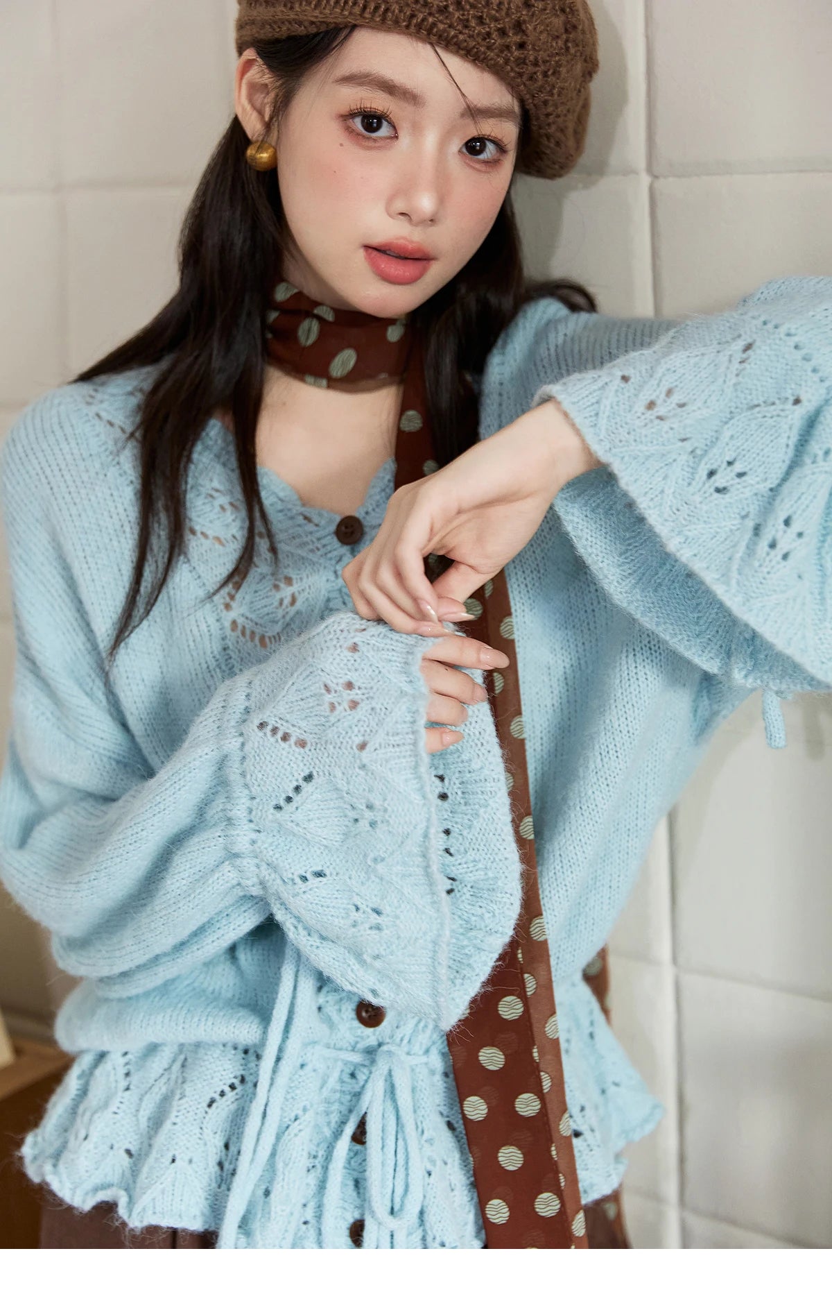 Mishow Hollow Knit V-Neck Flared Sleeve Cardigan MXE47Z2513