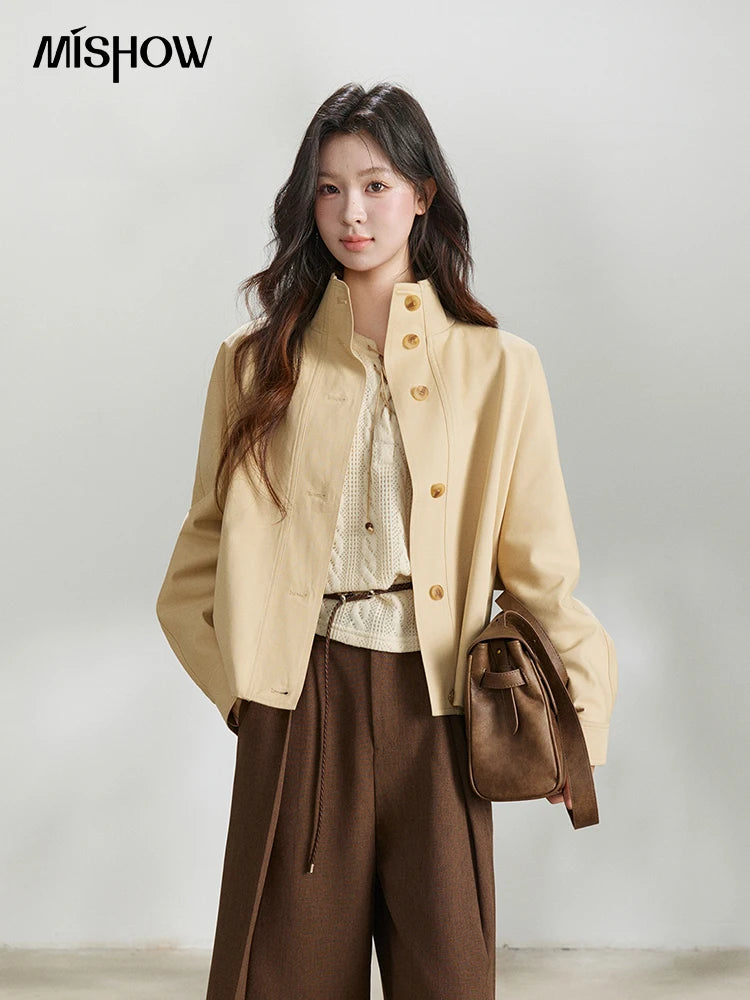 MISHOW Khaki Cropped Trench Coat Lapel Stand Collar MXF108W1003