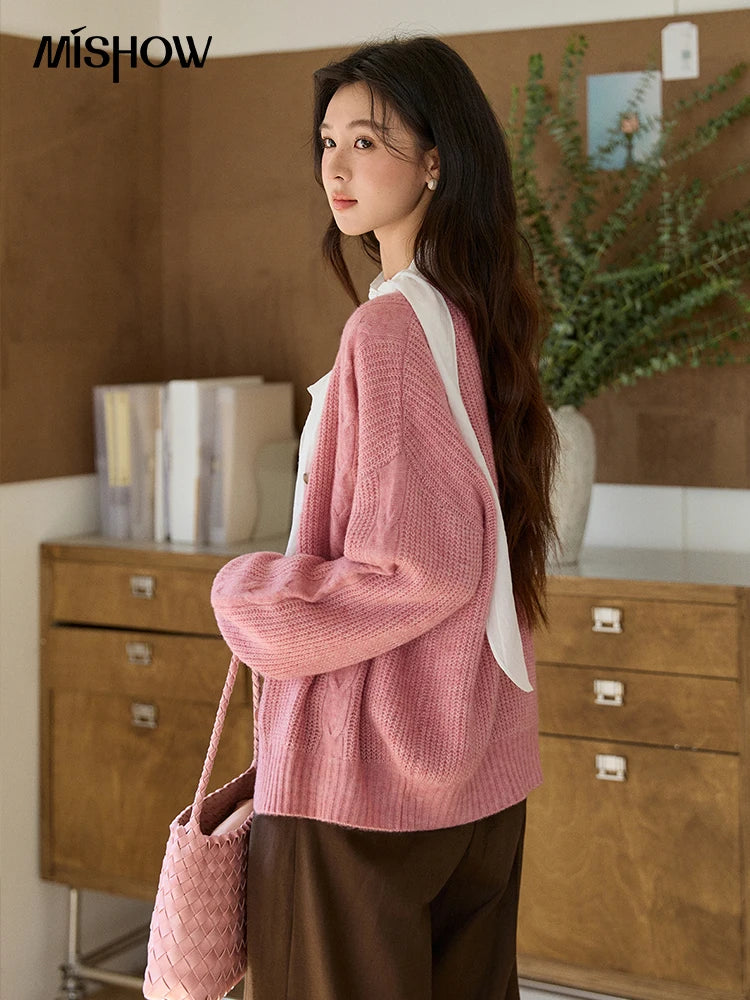 Mishow Dusty Pink V-Neck Knitted Cardigan MXF11Z2898