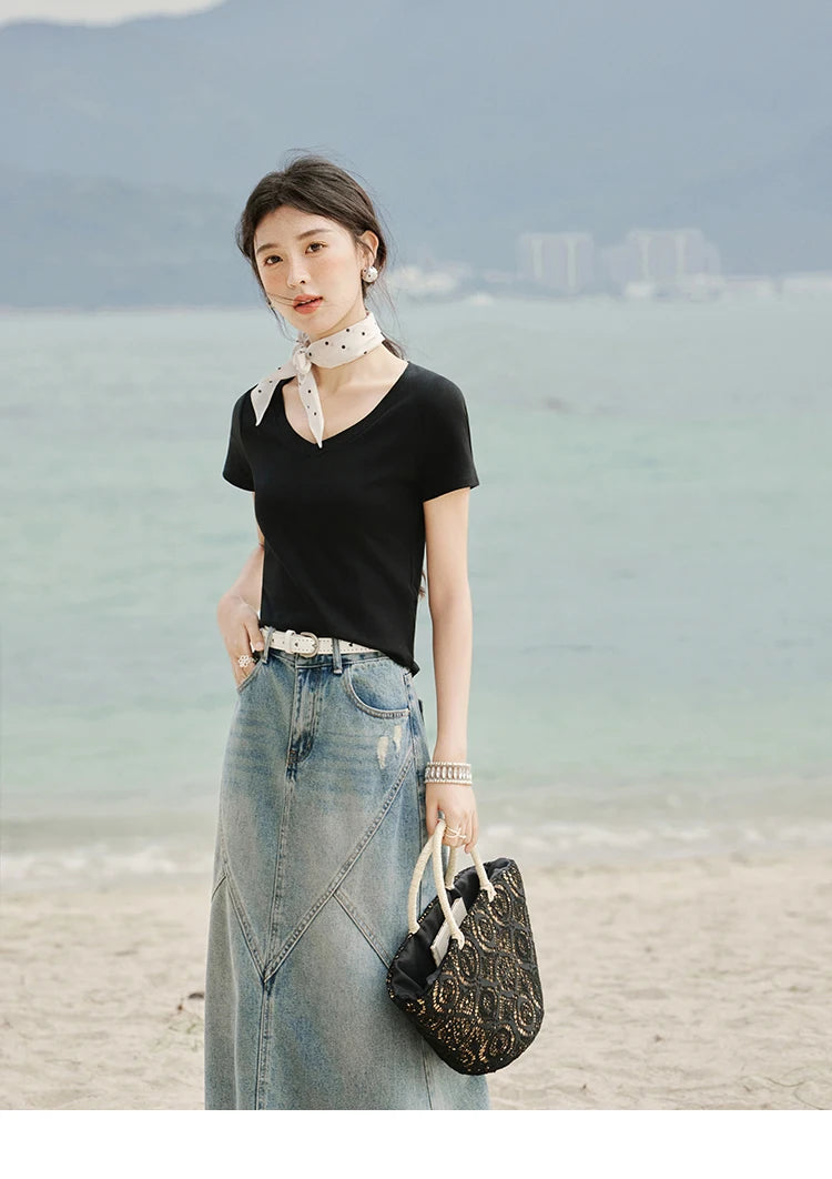 Mishow Solid V-Neck Slim Cotton Tee MXE33T0519