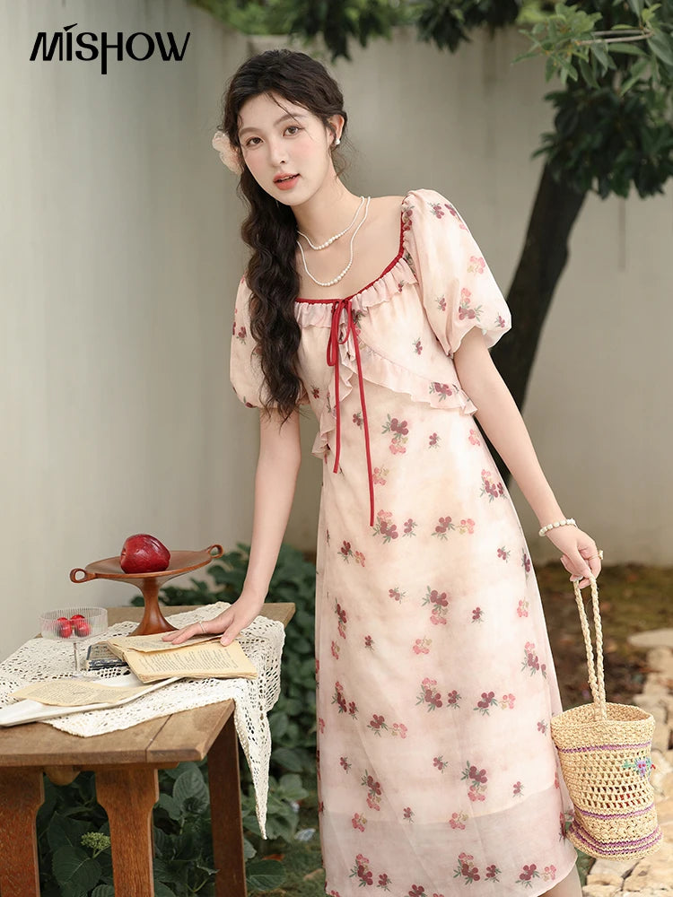 MISHOW Korean Floral Bubble Sleeve Lace-Up Dress MXD31L1924
