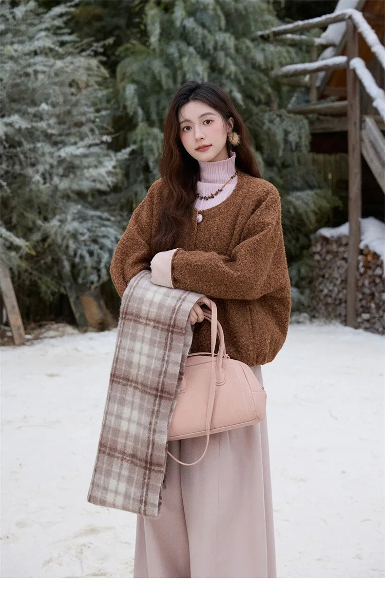 MISHOW Brown Wool Quilted Coat Round Neck Short Loose MXE87W0935