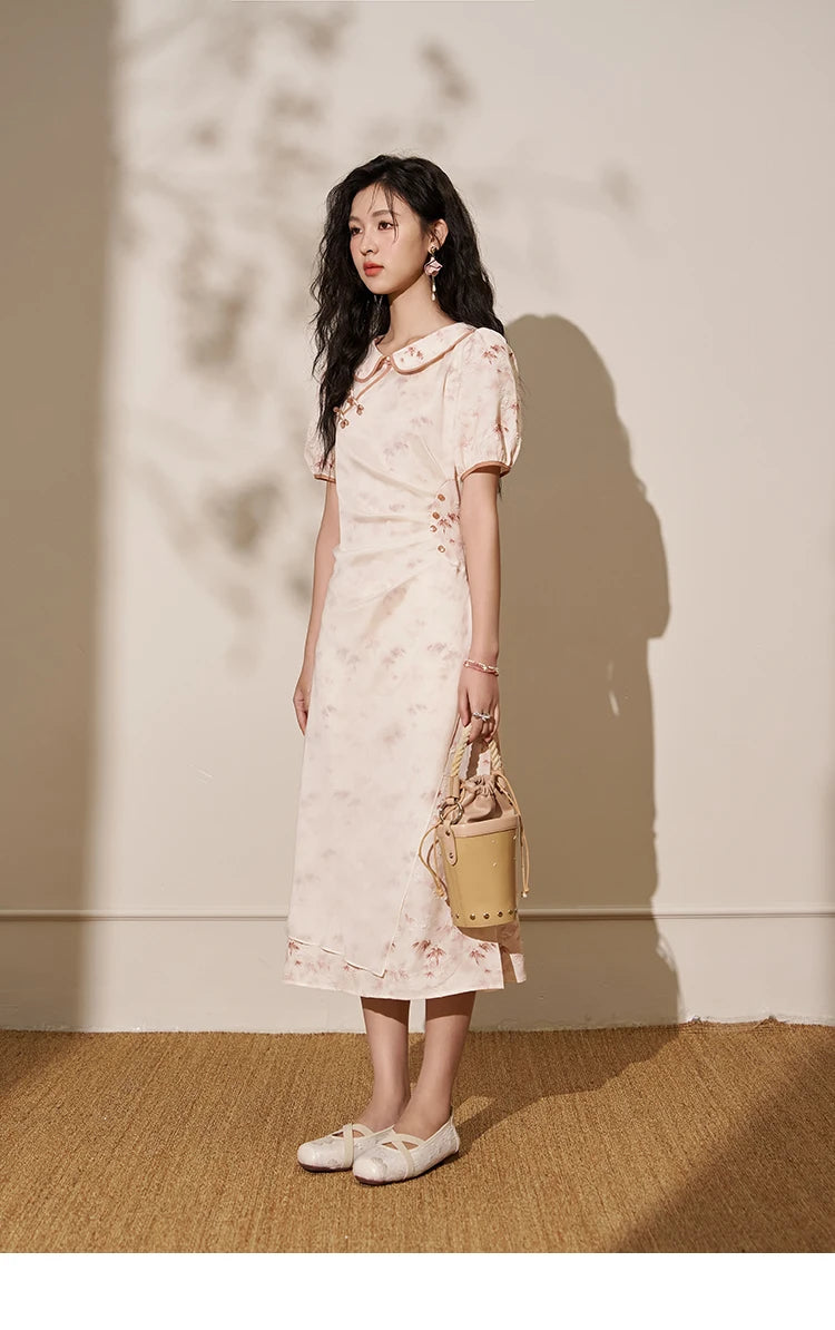 Mishow Chinese Doll Collar Pink Bamboo Print Dress MXD22L1829