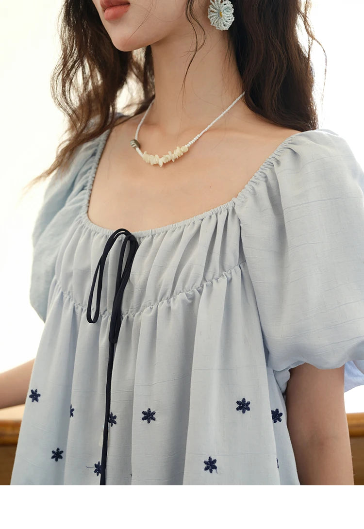 MISHOW Blue Print Blouse Square Neck Lace Up Puff Sleeve MXE36X1799