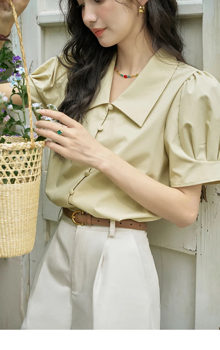 MISHOW Bubble Sleeve V-Neck Shirt Lapel Collar Loose MXD28X1471