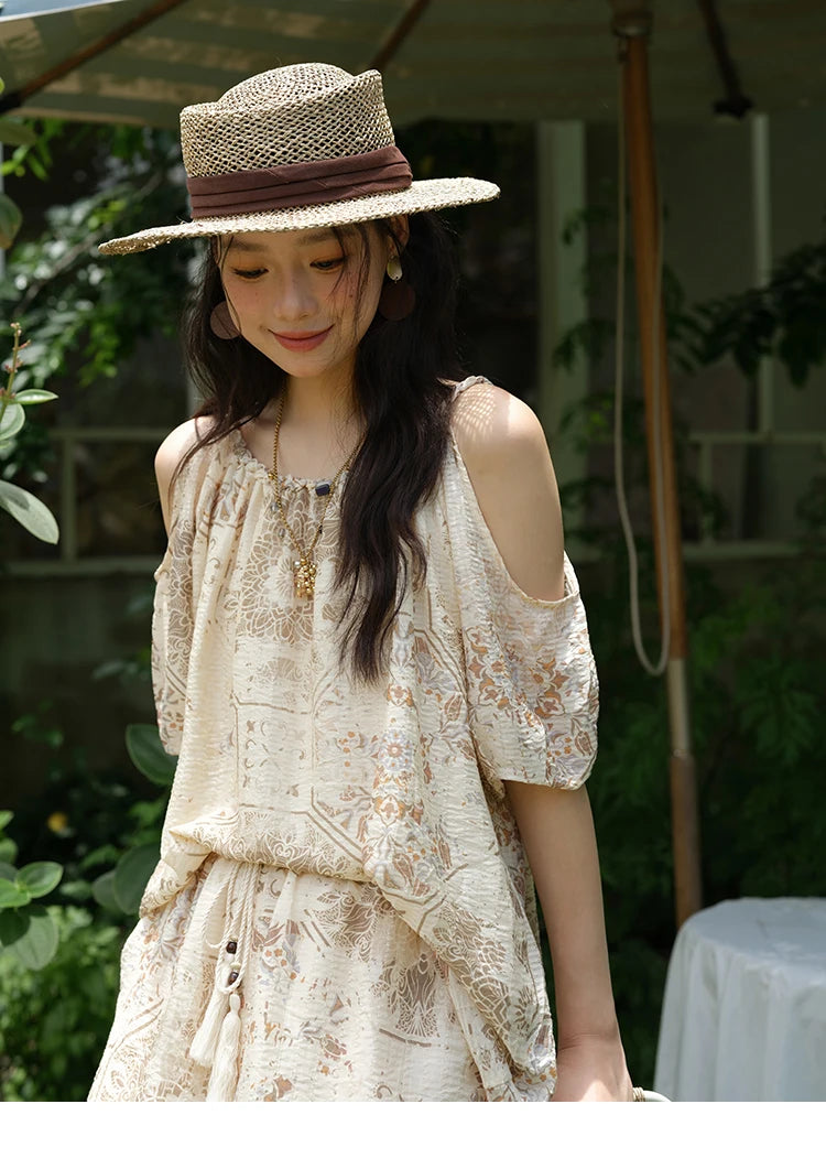 Mishow Bohemian Print Top & Beaded Tassel Drawstring Shorts Set MXE39T0723