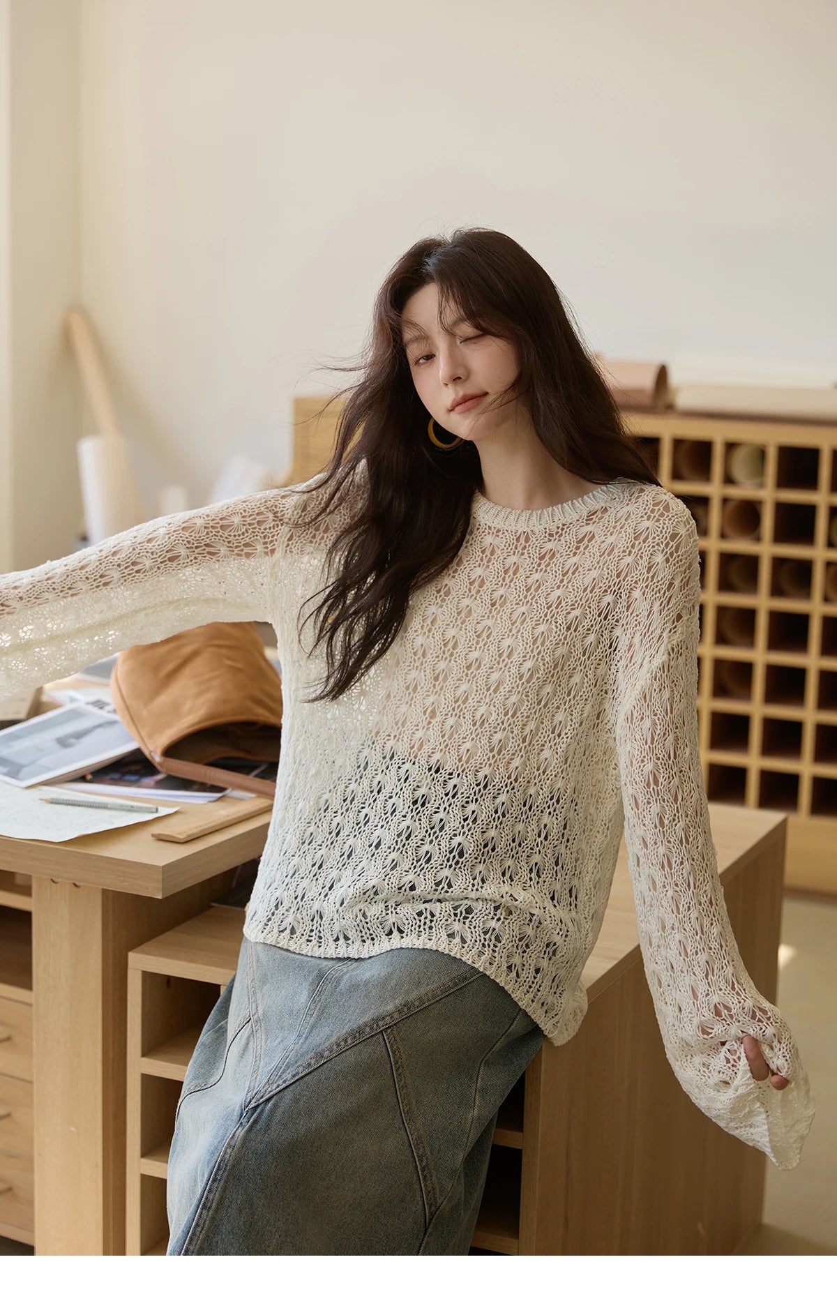 Mishow Hollow Jacquard Dropped Sleeve Sweater MXE43Z1360