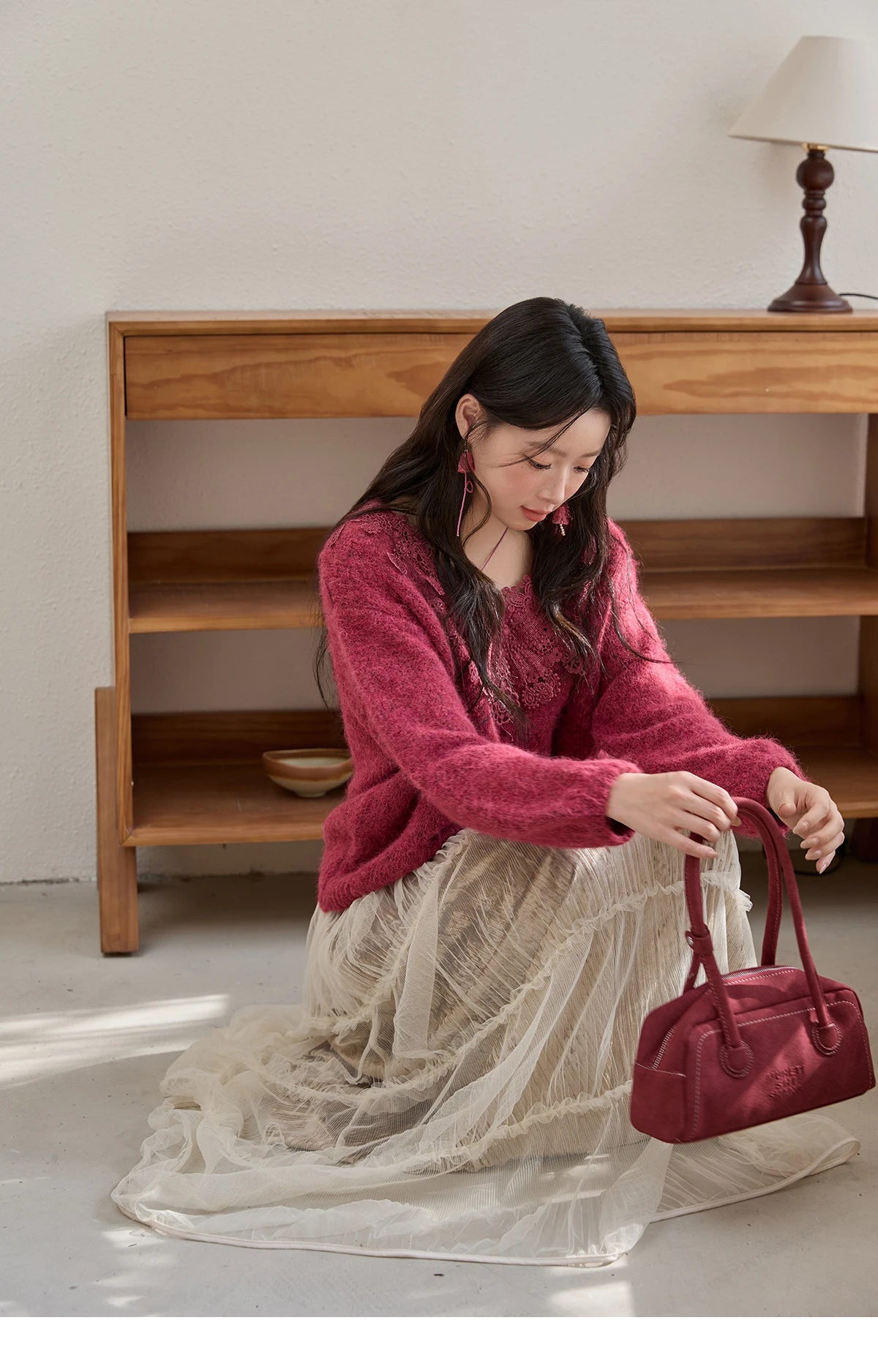 Mishow Pink Lace Wool V-Neck Lantern Sleeve Pullover MXE51Z2632