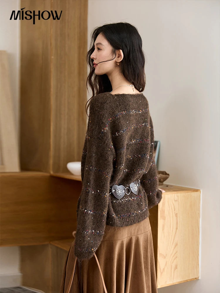 Mishow Brown Chrysanthemum Yarn Round Neck Sweater MXE47Z2574