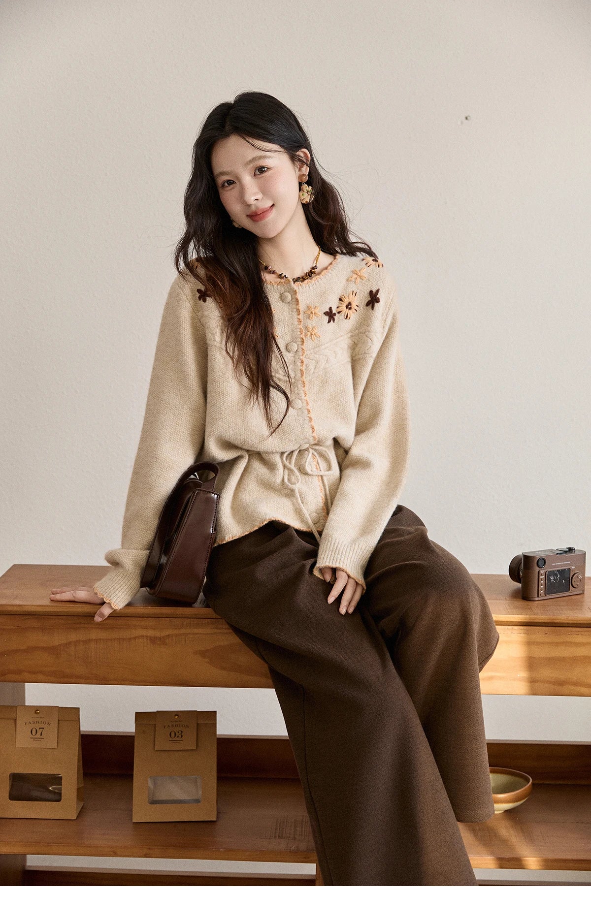 Mishow Apricot Hand-Embroidered Wool Blend Waist Tie Cardigan MXE87Z2702