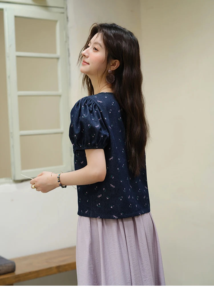 MISHOW Puff Sleeve Square Neck Blouse Lace Up Print Denim MXE39X1933