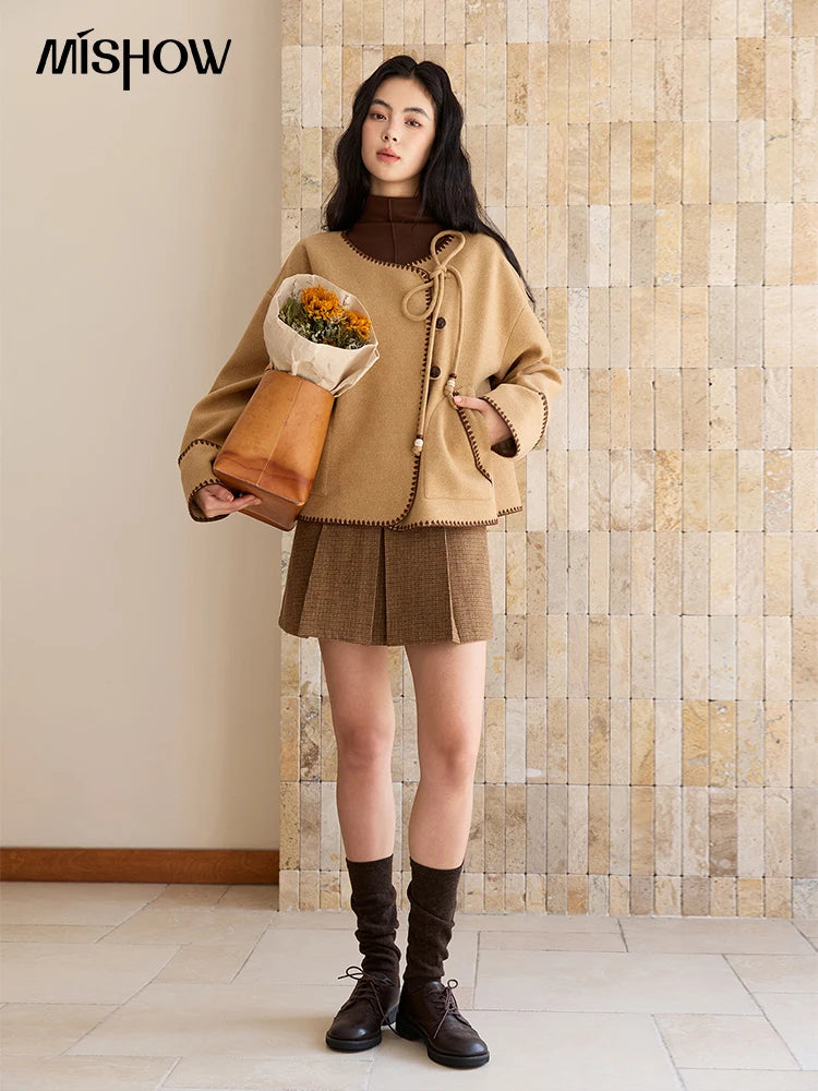 MISHOW Khaki Asymmetrical Coat Shell Flower Embroidery Lace-Up MXE49W0854