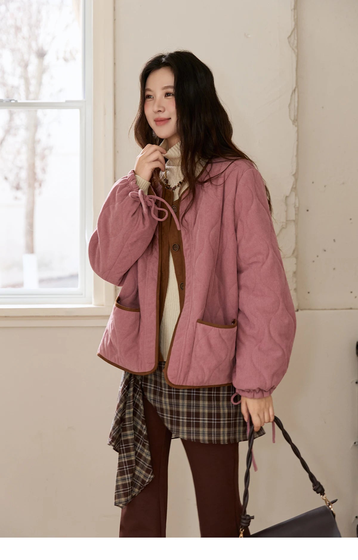 MISHOW Pink Purple Corduroy Jacket Gourd Pattern Splicing Suede MXE88W0882