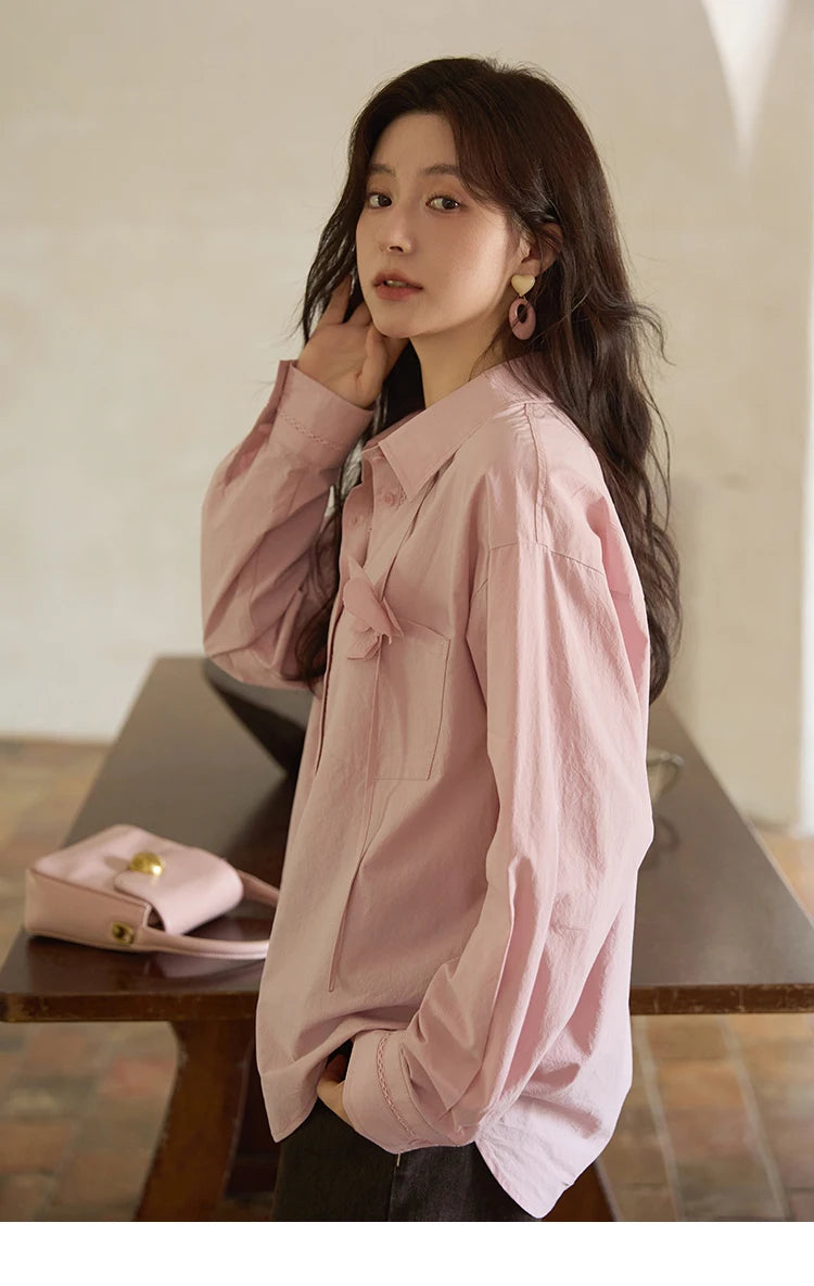 MISHOW Cotton Shirt Petal Ribbon Button Long Sleeve MXE41C2349