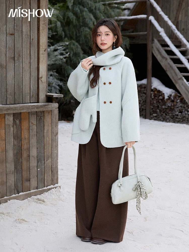 Mishow 100% Wool Mint Green Double-Faced Coat with Scarf & Gloves MXE92W1014