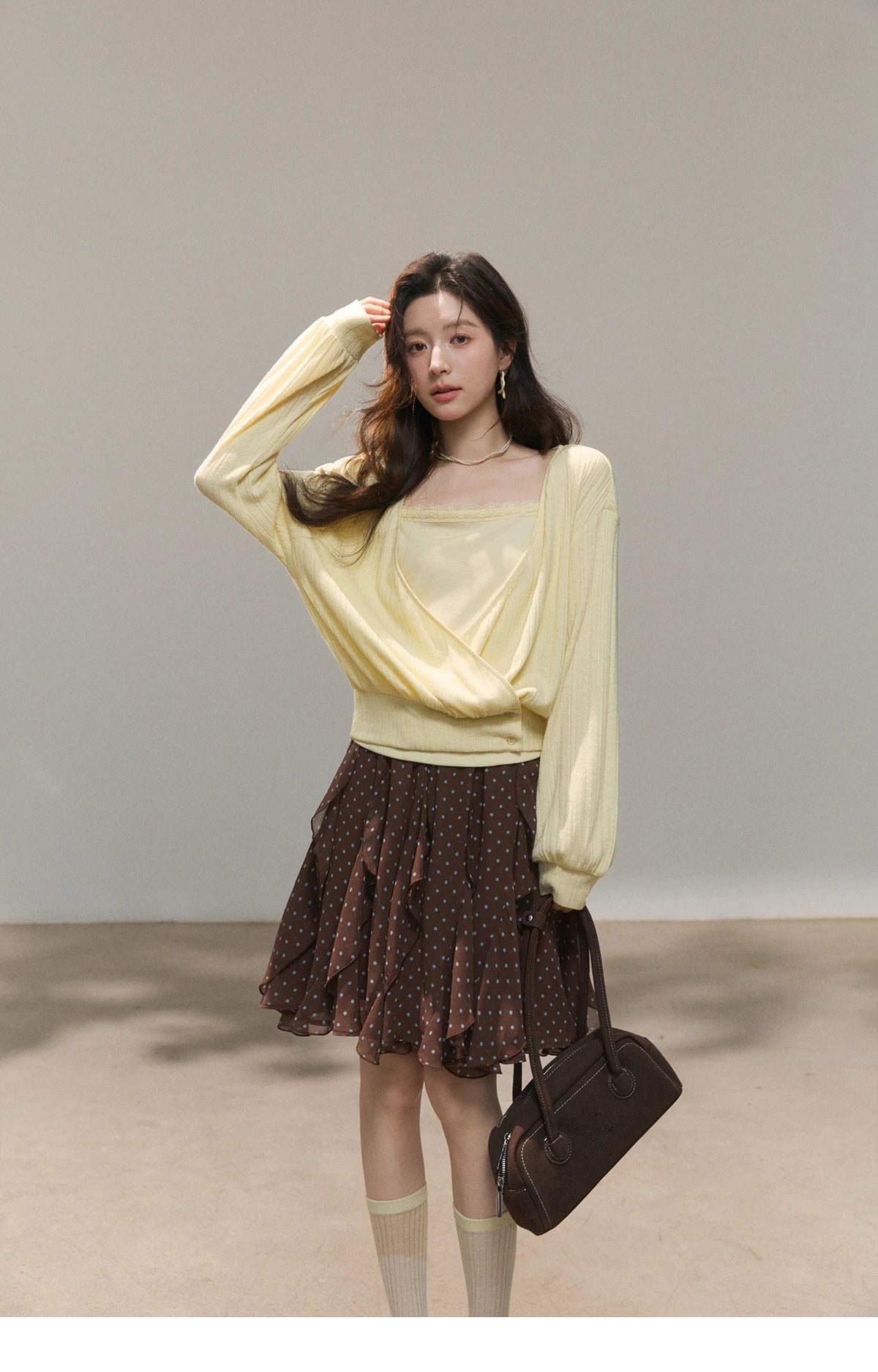 Mishow Lemon Yellow Lantern Sleeve Top & Lace Camisole Set MXF13T1513