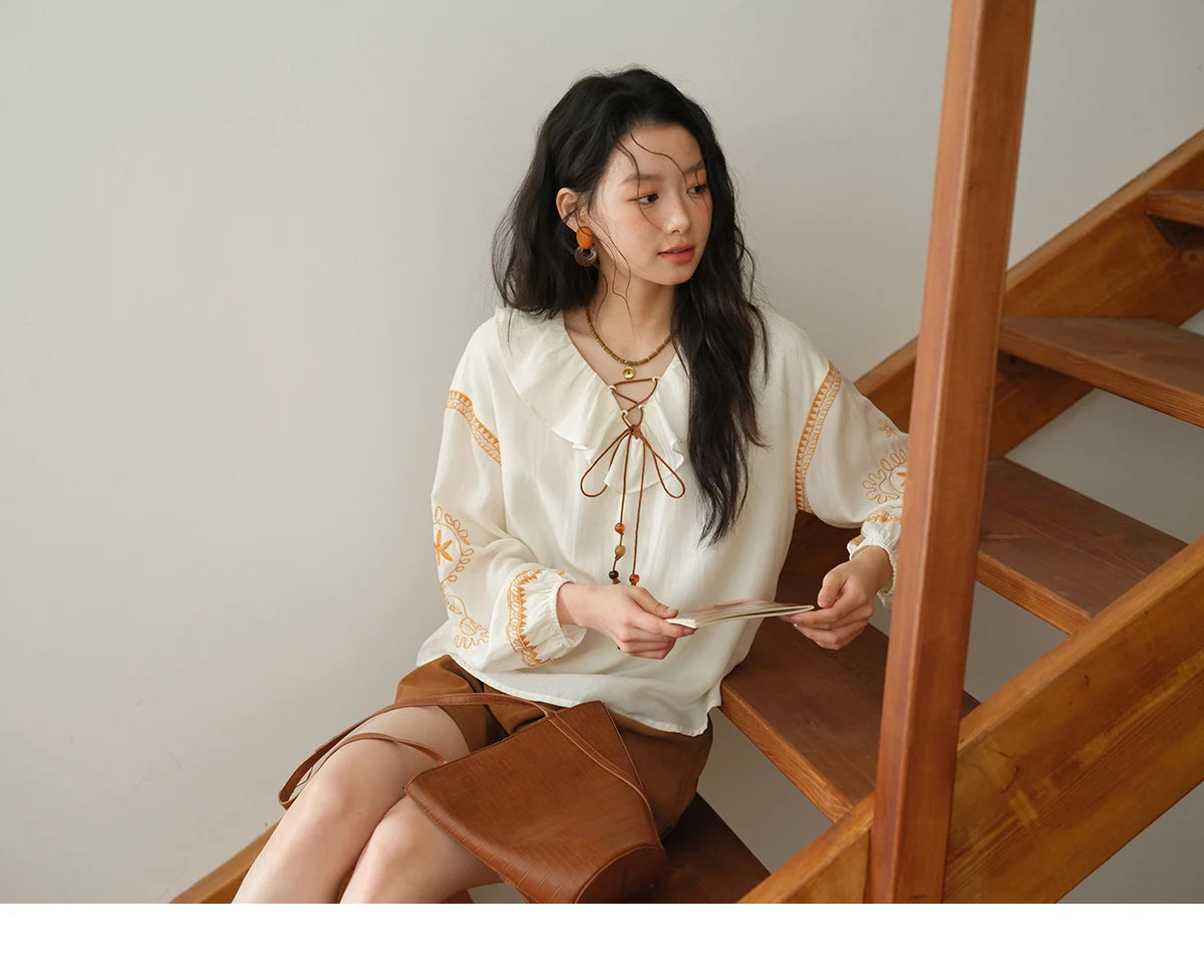 MISHOW Embroidered Blouse Ruffle V-Neck Lace Up MXE43X1987