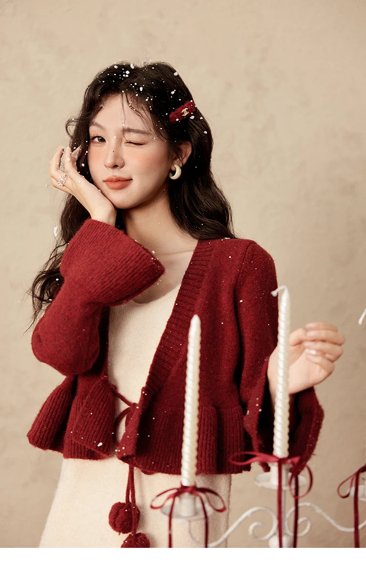 Mishow Pom-Pom Lace-Up Cardigan & Ruffle Strap Dress Set MXD59L2133