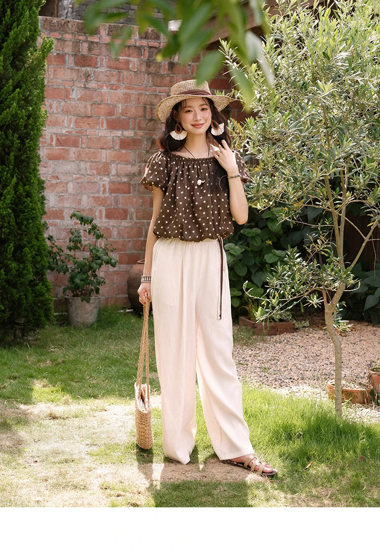 Mishow Polka Dot One Shoulder Puff Sleeve Top & Wide Leg Pants Set MXE38T0683