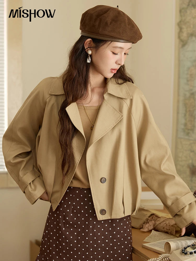 Mishow Khaki Handmade Pleated Short Trench MXE43W0804