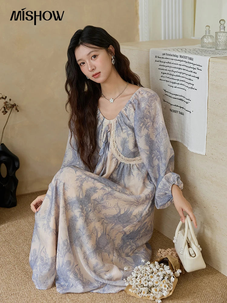 Mishow Blue Floral Lace Panel Drawstring Dress MXE45L2507