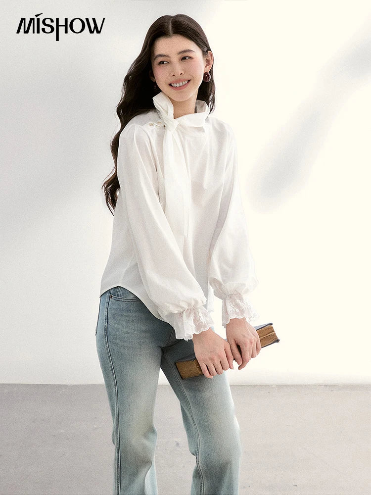 MISHOW White Blouse Bow Tie Neck Lantern Sleeve Lace Patchwork MXF108C0814