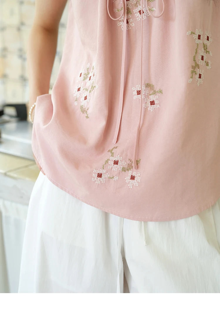 MISHOW Embroidery Flower Blouse O-Neck Lace Up Flying Sleeve MXE39X1880