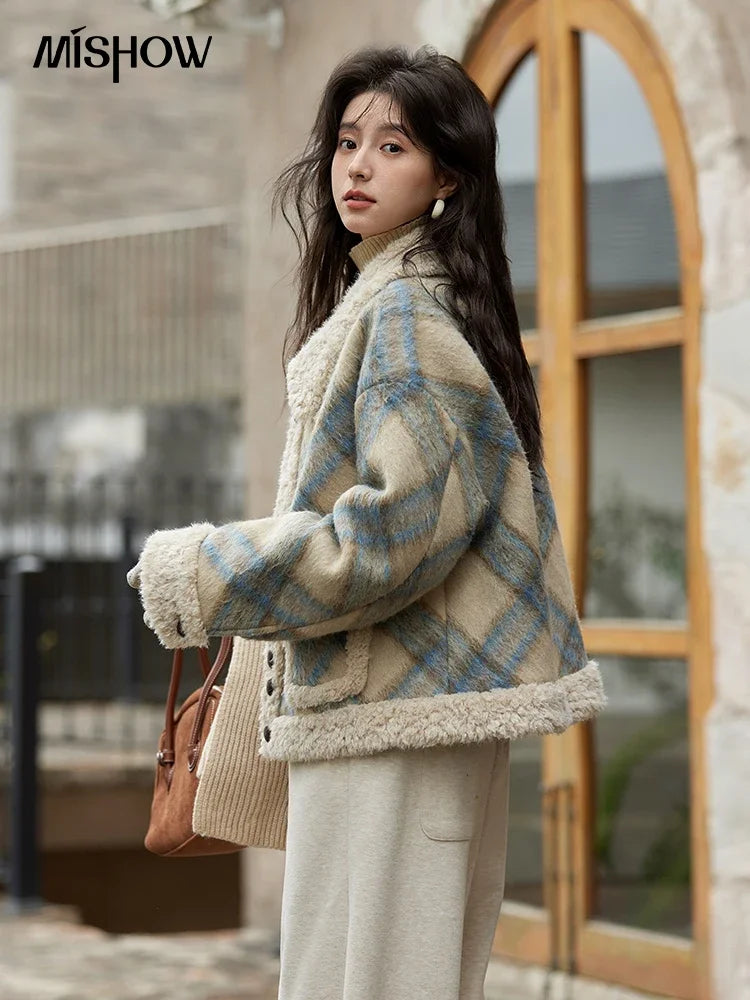 MISHOW Splicing Fleece Plaid Tweed Jacket Turn Down Collar MXD55W0574