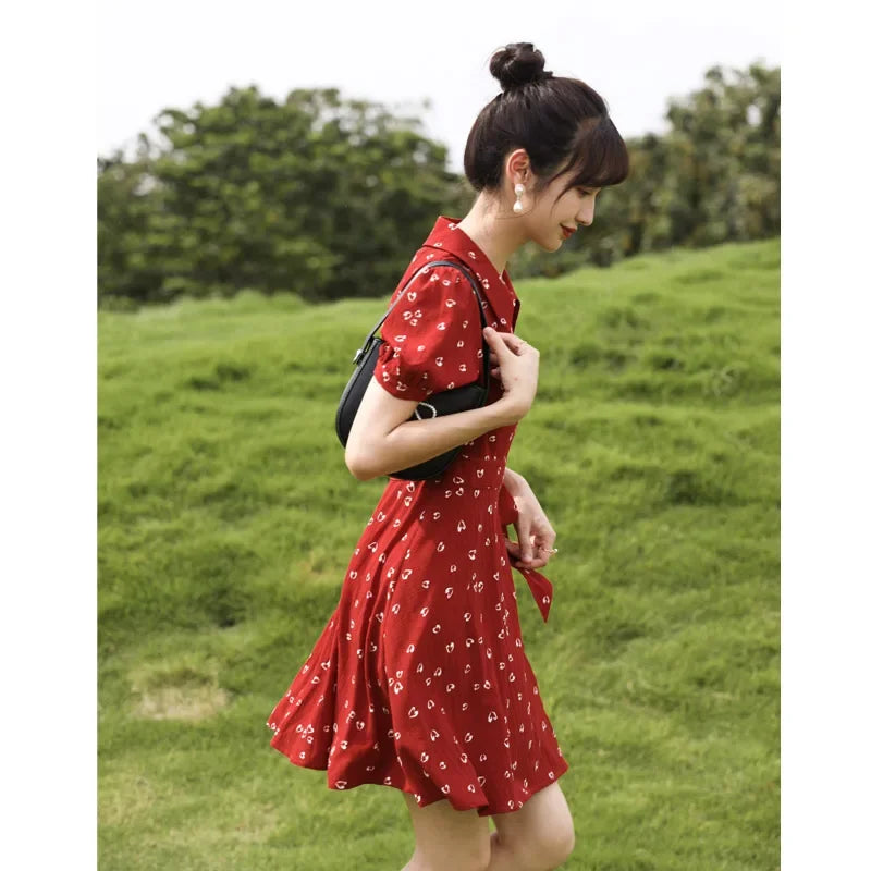 Mishow Red Chiffon V-Neck Floral Midi Dress MXA29L0356