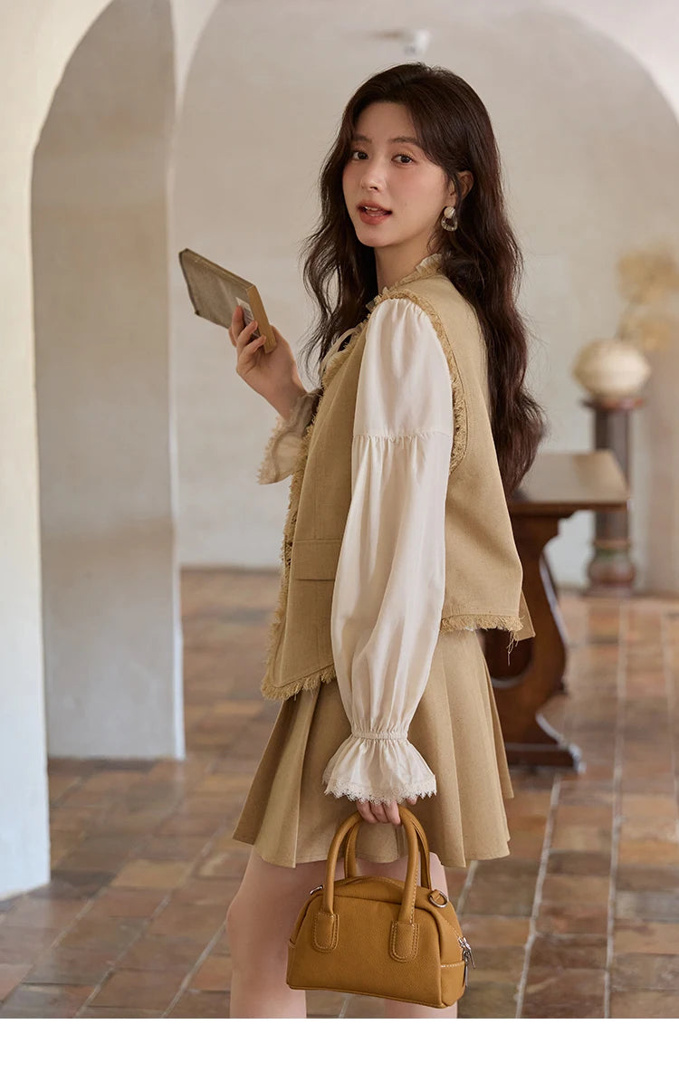 Mishow Khaki Selvedge Vest & Pleated Skirt Set MXE41T0690