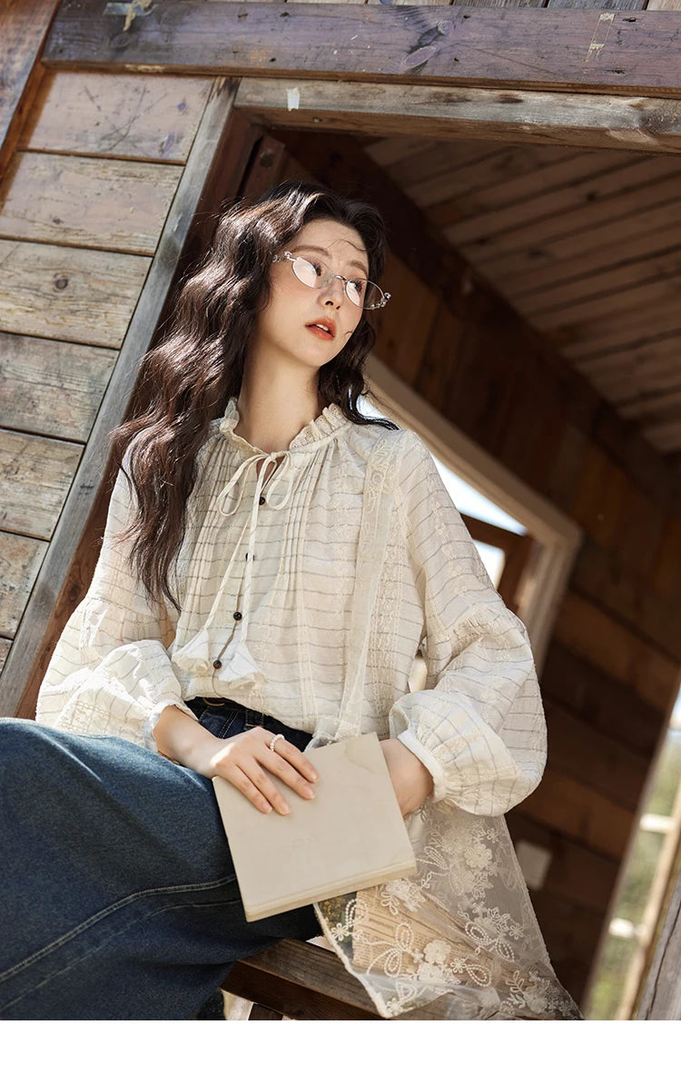 MISHOW French Striped Blouse Lace Collar Chiffon MXE12C0387