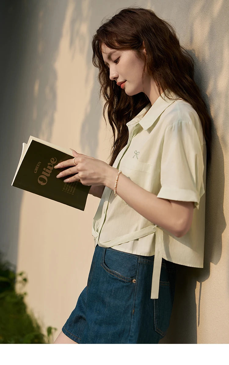 MISHOW Same Color Bow Embroidered Shirt Asymmetric Hem MXD23C0257