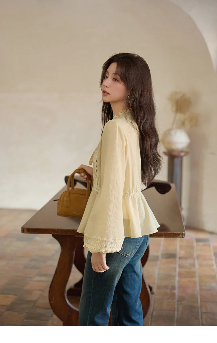 MISHOW French V-Neck Blouse Lace Patchwork Lantern Sleeve MXE41X1925